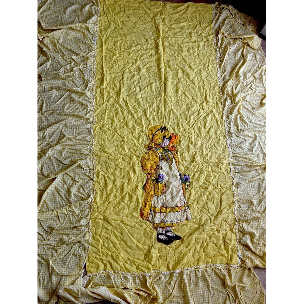 Vtg 70s Holly Hobby Thin Bedspread Cottagecore Prairie Yellow‎ Plaid Ruffle Twin